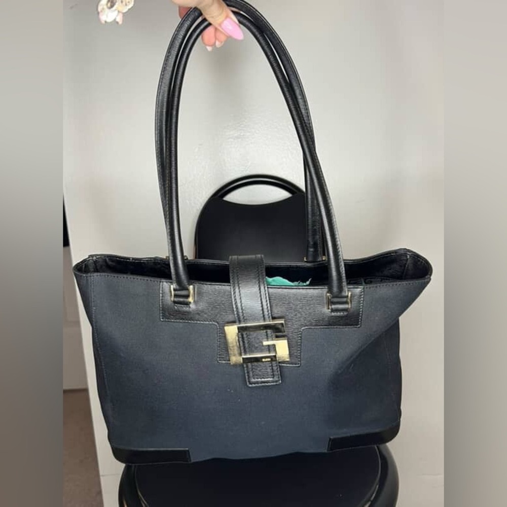 Vintage Black Structured Tote – Designer Style Monogram Interior
